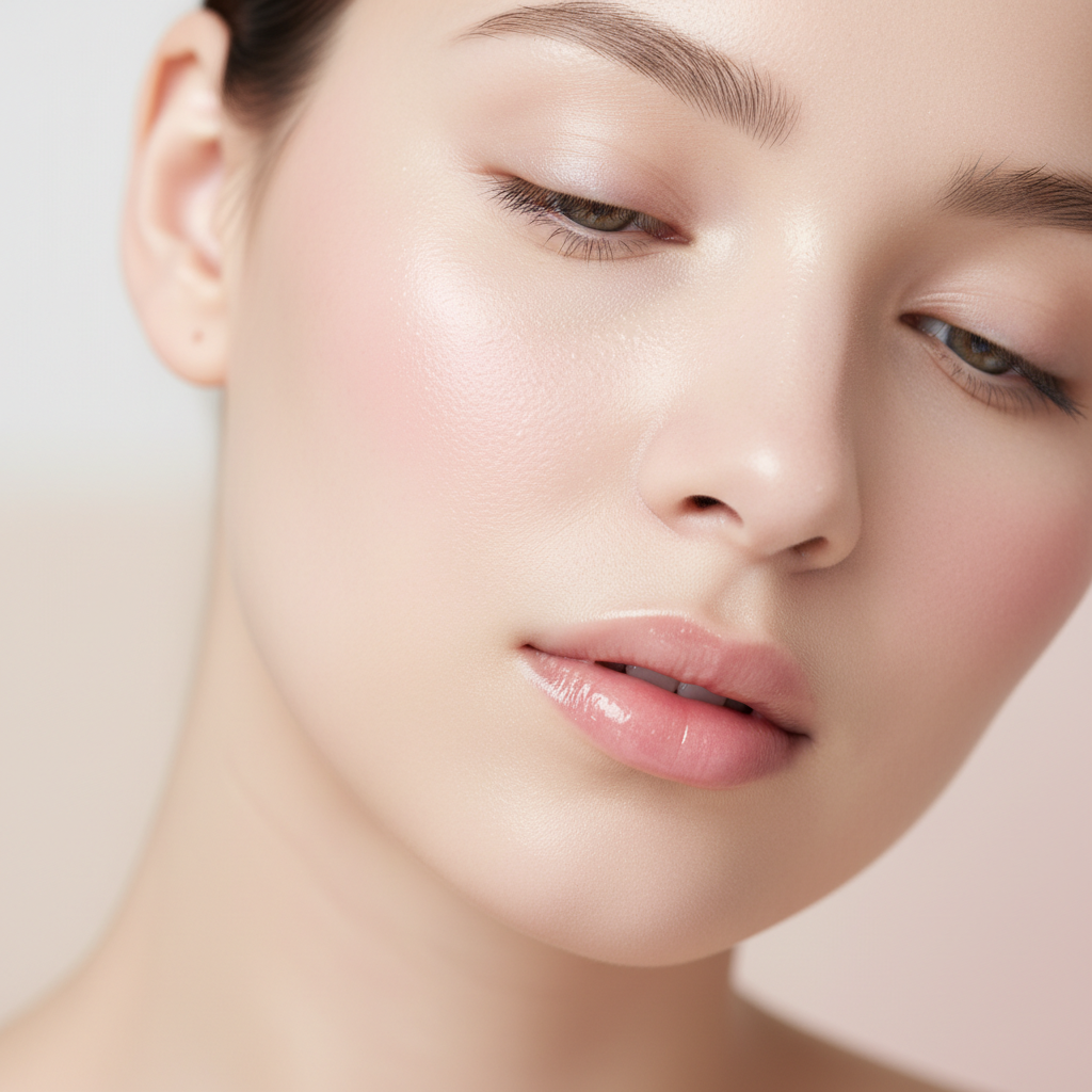 Luminous glass skin close-up showing dewy translucent Korean skincare results with poreless radiant complexion