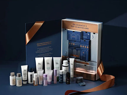 A collection of Dr. Ceuracle skincare products displayed in front of a festive advent calendar box, indicating a variety of full-size and mini skincare items.