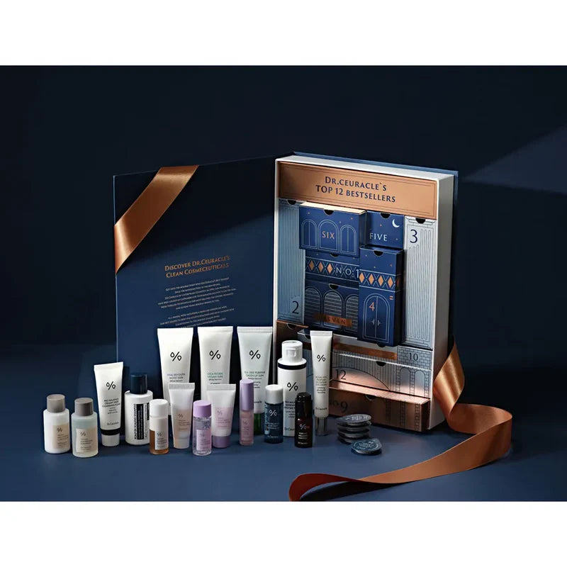 A collection of Dr. Ceuracle skincare products displayed in front of a festive advent calendar box, indicating a variety of full-size and mini skincare items.