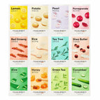 One of each type of sheet mask (12 masks total).